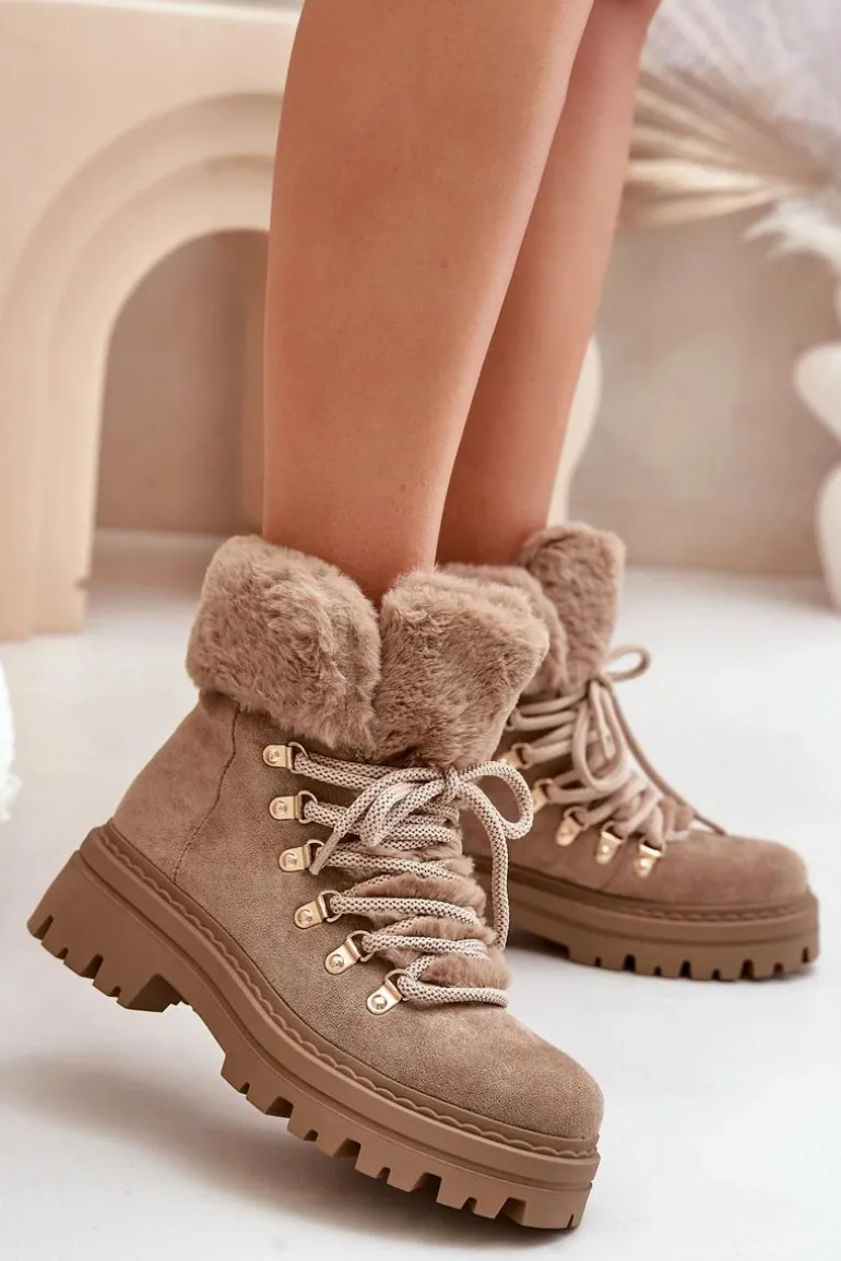 Sznurowane Trapery Damskie Z Futerkiem Ciemnobeżowe Vaminia