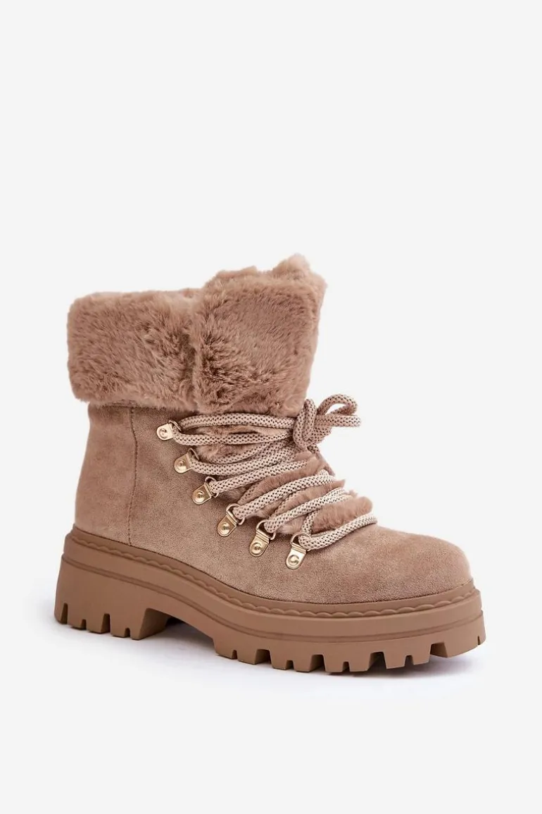 Sznurowane Trapery Damskie Z Futerkiem Ciemnobeżowe Vaminia