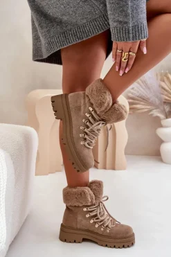 Sznurowane Trapery Damskie Z Futerkiem Ciemnobeżowe Vaminia