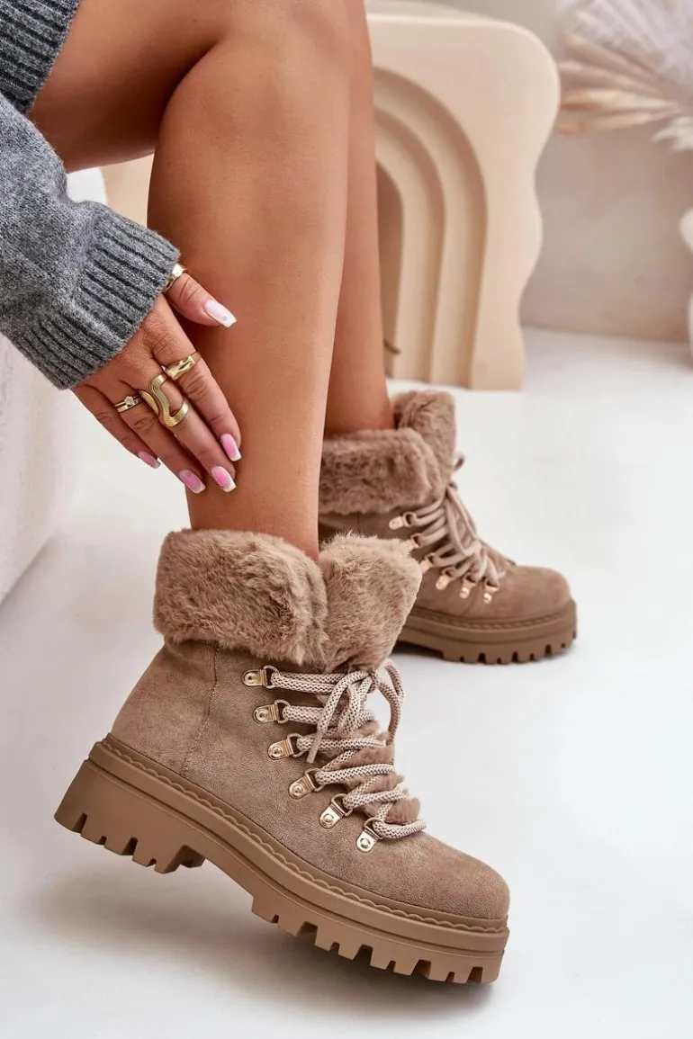 Sznurowane Trapery Damskie Z Futerkiem Ciemnobeżowe Vaminia