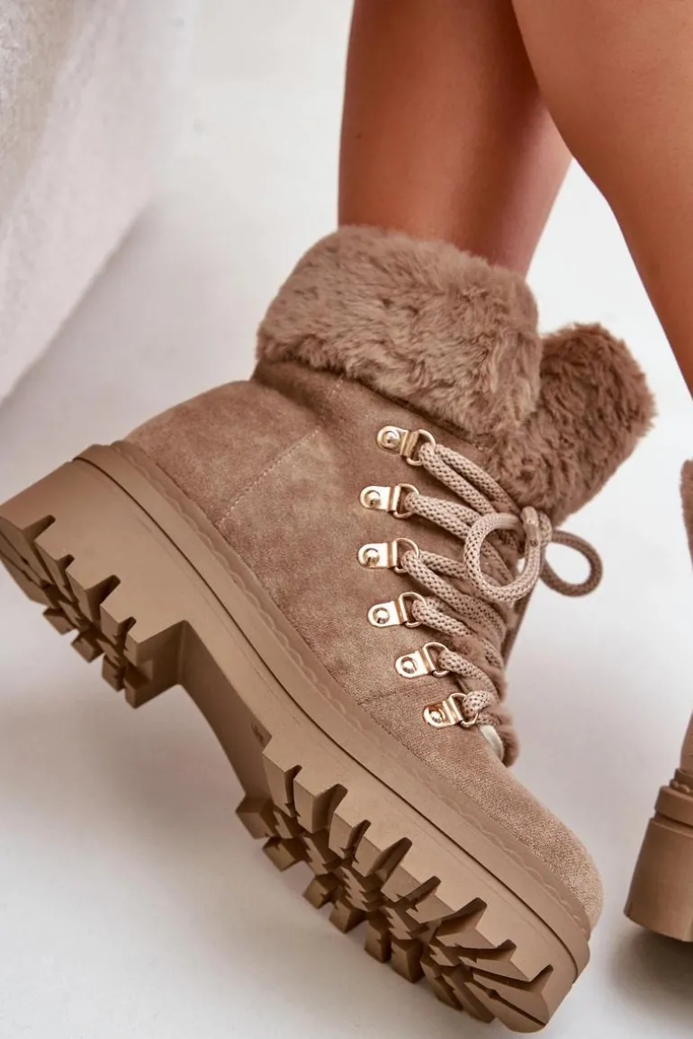 Sznurowane Trapery Damskie Z Futerkiem Ciemnobeżowe Vaminia