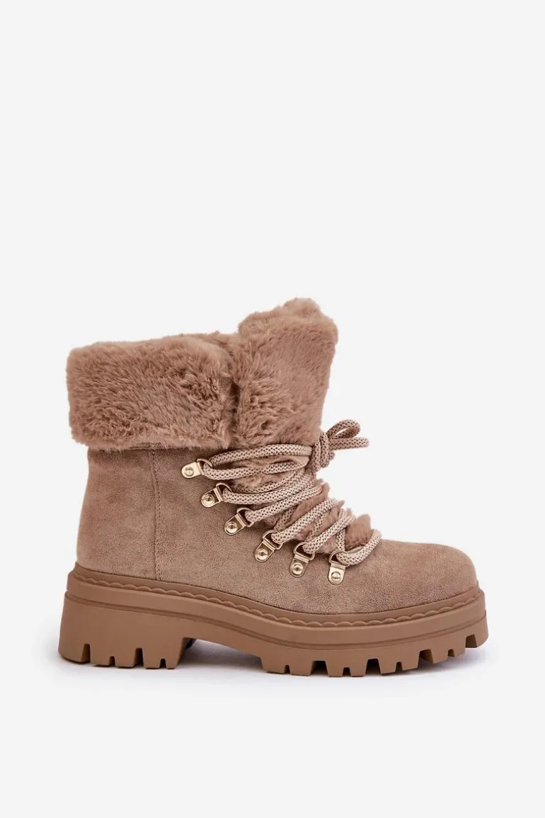 Sznurowane Trapery Damskie Z Futerkiem Ciemnobeżowe Vaminia