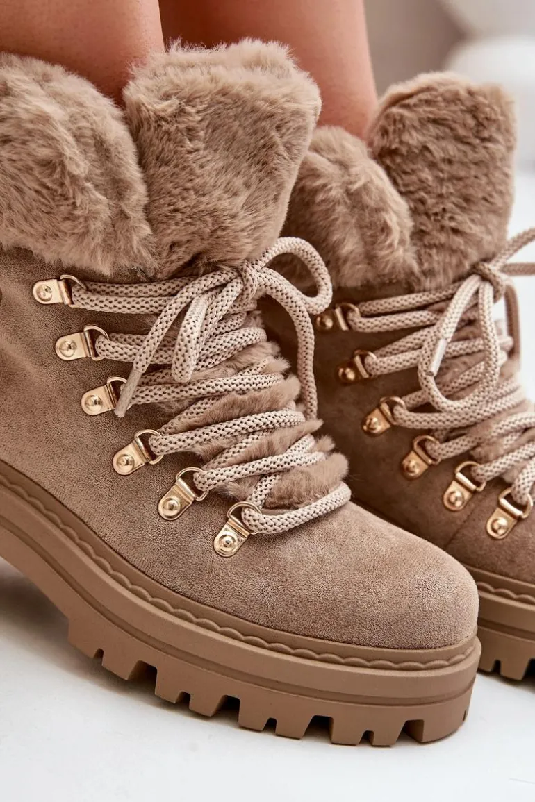 Sznurowane Trapery Damskie Z Futerkiem Ciemnobeżowe Vaminia