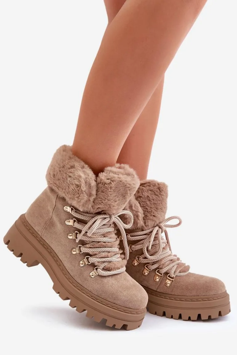 Sznurowane Trapery Damskie Z Futerkiem Ciemnobeżowe Vaminia