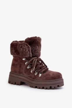 Sznurowane Trapery Damskie Z Futerkiem Ciemnobrązowe Vaminia