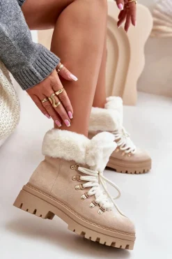 Sznurowane Trapery Damskie Z Futerkiem Jasnobeżowe Vaminia