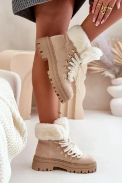 Sznurowane Trapery Damskie Z Futerkiem Jasnobeżowe Vaminia