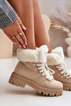 Sznurowane Trapery Damskie Z Futerkiem Jasnobeżowe Vaminia