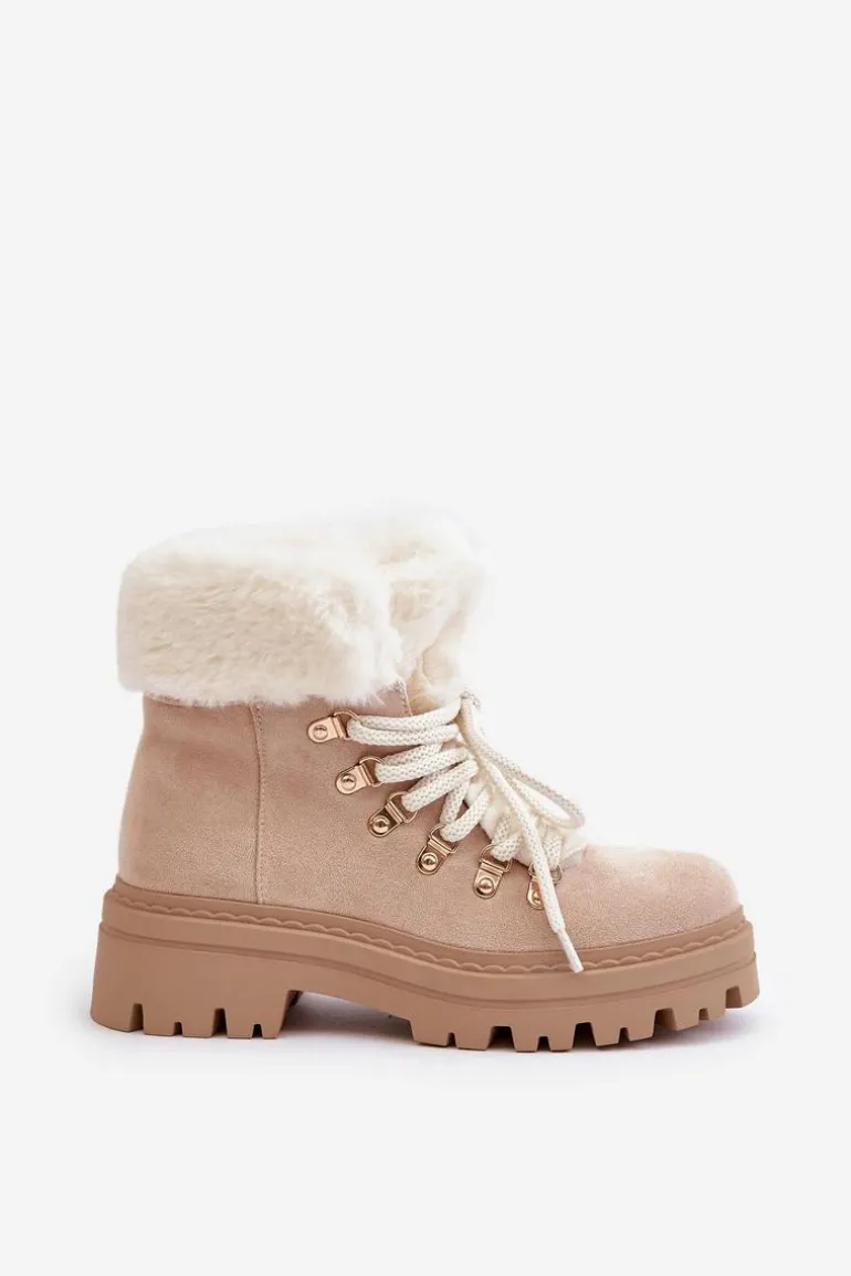 Sznurowane Trapery Damskie Z Futerkiem Jasnobeżowe Vaminia