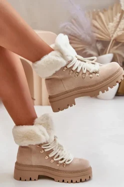 Sznurowane Trapery Damskie Z Futerkiem Jasnobeżowe Vaminia