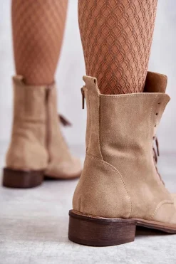 Sznurowane Zamszowe Botki Z Ozdobą Nicole 2750 Beżowe