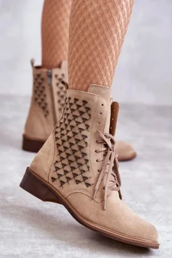 Sznurowane Zamszowe Botki Nicole 2751 Beżowe