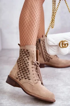 Sznurowane Zamszowe Botki Nicole 2751 Beżowe