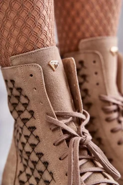 Sznurowane Zamszowe Botki Nicole 2751 Beżowe