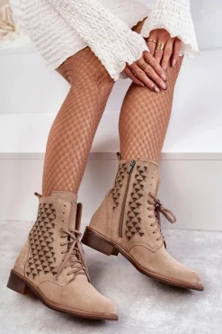 Sznurowane Zamszowe Botki Nicole 2751 Beżowe