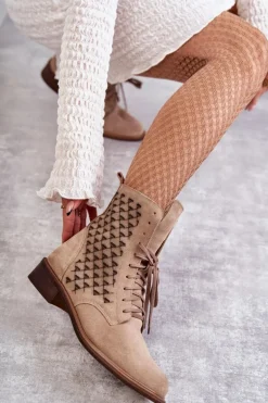 Sznurowane Zamszowe Botki Nicole 2751 Beżowe