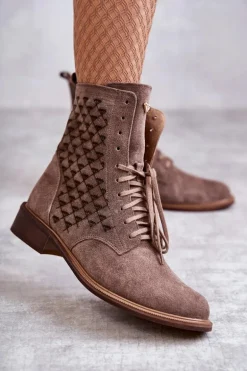 Sznurowane Zamszowe Botki Nicole 2751 Brązowe