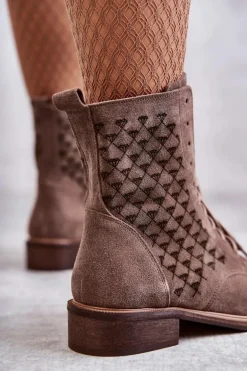 Sznurowane Zamszowe Botki Nicole 2751 Brązowe