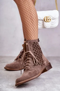 Sznurowane Zamszowe Botki Nicole 2751 Brązowe