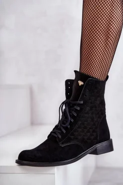 Sznurowane Zamszowe Botki Nicole 2751 Czarne