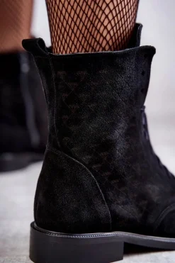 Sznurowane Zamszowe Botki Nicole 2751 Czarne