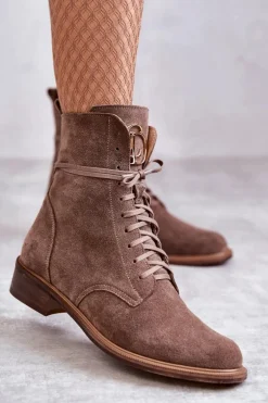 Sznurowane Zamszowe Botki Z Ozdobą Nicole 2750 Brązowe