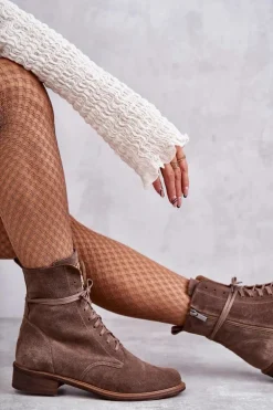 Sznurowane Zamszowe Botki Z Ozdobą Nicole 2750 Brązowe