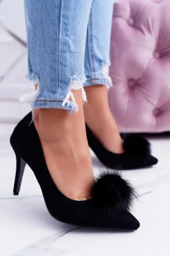 Szpilki damskie Czarne Zamszowe Lu Boo Pompon