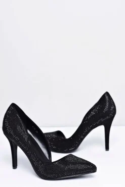 Szpilki Damskie Czarne Zamszowe Cyrkonie Asymetryczne Santee