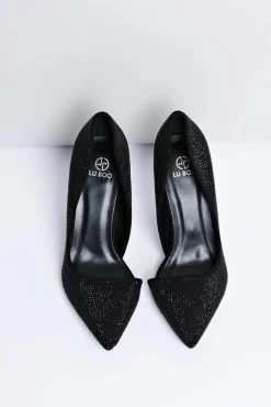 Szpilki Damskie Czarne Zamszowe Cyrkonie Asymetryczne Santee