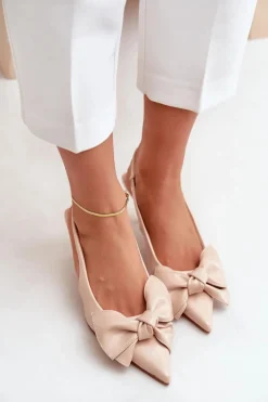 Szpilki Z Kokardą Eko Skórzane Beżowe Emirenna