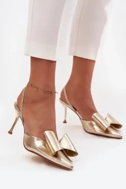 Szpilki Z Odkrytymi Piętami I Kokardką Złote Eklevia