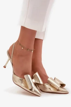 Szpilki Z Odkrytymi Piętami I Kokardką Złote Eklevia