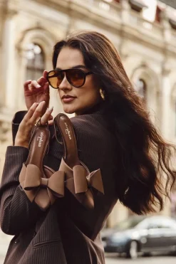 Szpilki Z Odkrytymi Piętami I Kokardką Brązowe Eklevia