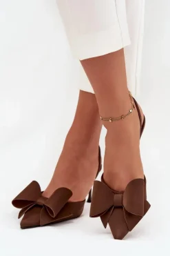Szpilki Z Odkrytymi Piętami I Kokardką Brązowe Eklevia