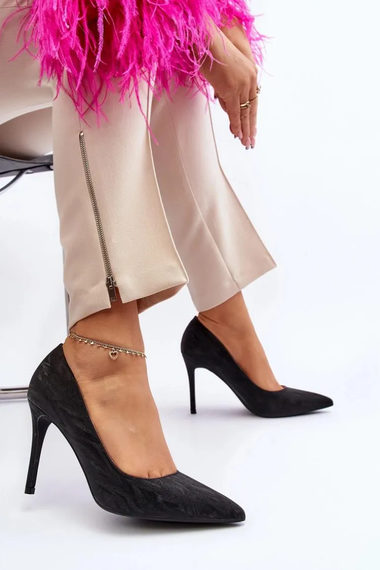 Szpilki Zdobione Brokatem Czarne Klonisa