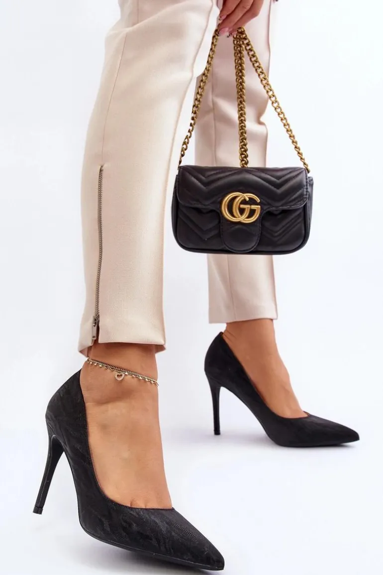 Szpilki Zdobione Brokatem Czarne Klonisa