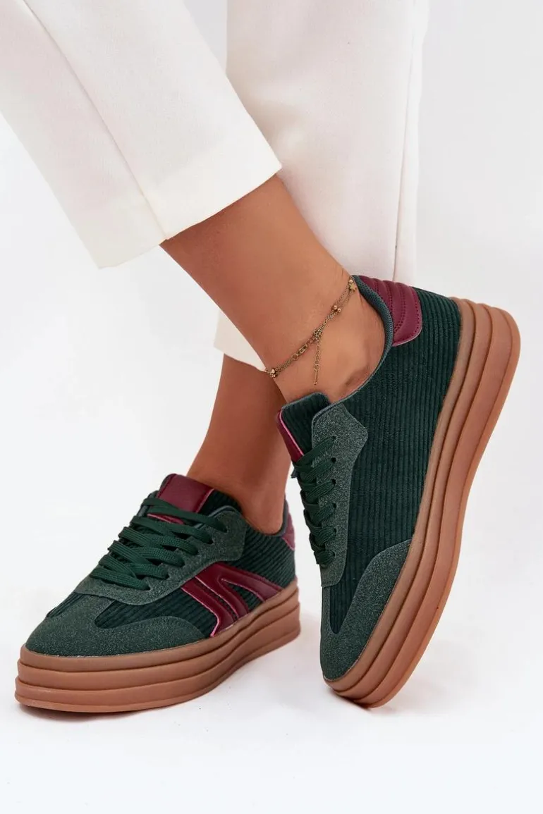 Sztruksowe Sneakersy Damskie Na Platformie Zielone Skye