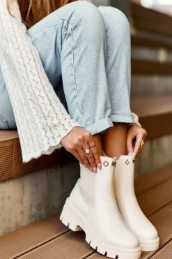 Sztyblety Botki Damskie Skórzane Z Ozdobami Jasnobeżowe Lobb