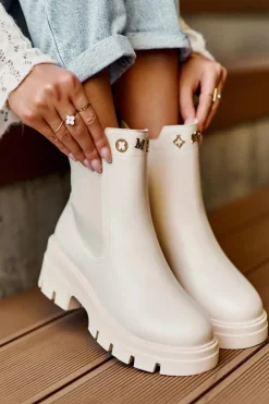 Sztyblety Botki Damskie Skórzane Z Ozdobami Jasnobeżowe Lobb