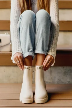 Sztyblety Botki Damskie Skórzane Z Ozdobami Jasnobeżowe Lobb