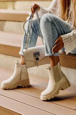 Sztyblety Botki Damskie Skórzane Z Ozdobami Jasnobeżowe Lobb