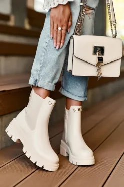 Sztyblety Botki Damskie Skórzane Z Ozdobami Jasnobeżowe Lobb