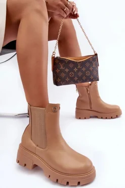 Sztyblety Botki Damskie Skórzane Z Ozdobami Beżowe Lobb