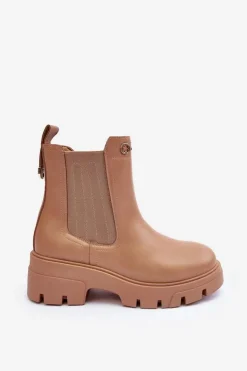 Sztyblety Botki Damskie Skórzane Z Ozdobami Beżowe Lobb