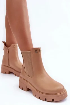 Sztyblety Botki Damskie Skórzane Z Ozdobami Beżowe Lobb