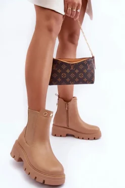 Sztyblety Botki Damskie Skórzane Z Ozdobami Beżowe Lobb