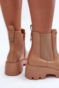 Sztyblety Botki Damskie Skórzane Z Ozdobami Beżowe Lobb