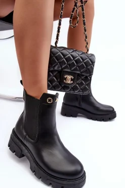 Sztyblety Botki Damskie Skórzane Z Ozdobami Czarne Lobb