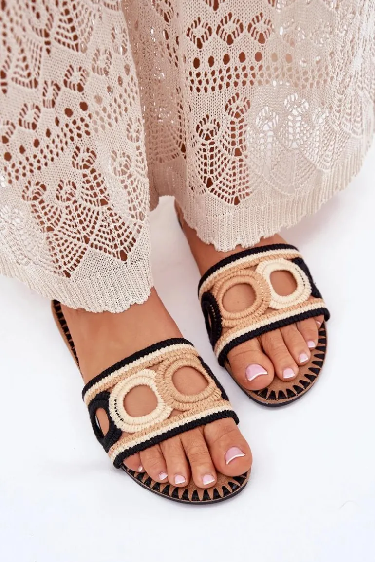 Szydełkowe Klapki Damskie Na Płaskim Obcasie Czarne Nirina